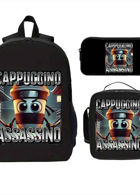 Set di tre borse scolastiche Cappuccino Assassino con design Ninja compatto, resistente, carino, in stile cartone animato, comprensivo di zaini, borse pranzo, astucci per matite, adatto per portare quando si esce - un set di borse scolastiche in questo st