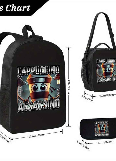 Set di tre borse scolastiche Cappuccino Assassino con design Ninja compatto, resistente, carino, in stile cartone animato, comprensivo di zaini, borse pranzo, astucci per matite, adatto per portare quando si esce - un set di borse scolastiche in questo st