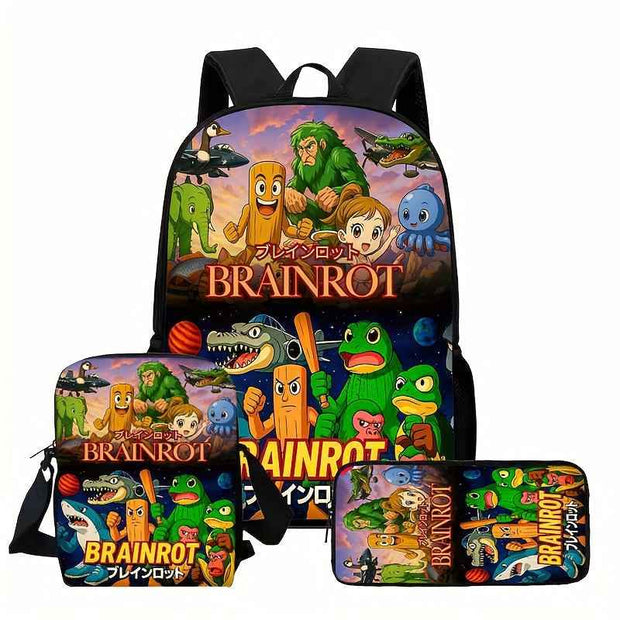3 Pezzi Set Zaini Unisex, Stile Fashion Brain Rot, con Cinghie Regolabili e Chiusura a Zip, Completo di Zaino, Borsa a Tracolla e Astuccio per Matite, Design per Scuola, Viaggi e Campeggio