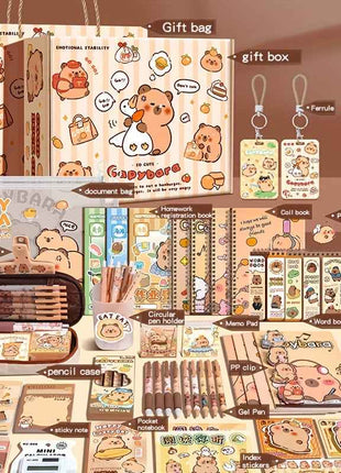 Kit regalo di cancelleria a tema capibara, strumenti di scrittura premium con quaderno, segnalibri e accessori in carta, ideale per studio, laurea, diario, compleanni o feste