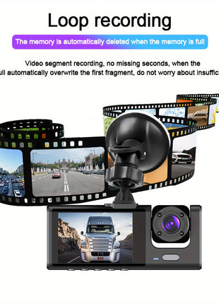 3 Channel Dash Cam Front and Rear Inside 1080P 3 Way Triple Car Camera with IR Night Vision Loop Recording - Riparo82