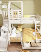 Letto a castello 90x200 e 140x200 cm, letto a soppalco con cassetto, scivolo e scaletta, letto per bambini con rete a doghe, stile casetta