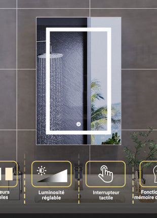 Armadio a Parete Bagno con Specchio e led, Armadietto da bagno a specchio con LED 3 colori con interruttore tattile Mobile Bagno con Specchio e Led funzione di memoria Specchio Bagno Contenitore con Luce LED