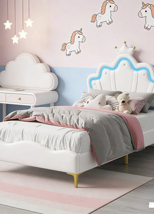 Letto imbottito 90x200 cm per bambini, struttura letto per ragazze, letto per bambini con LED, letto per ragazze con rete a doghe, letto principessa con testiera regolabile, letto per ragazzi, PU, bianco/rosa