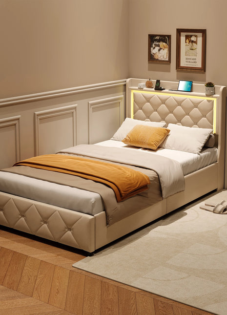 Comanlai Letto singolo a LED 90x200 cm, letto per bambini con 2 cassetti, struttura letto imbottita con vani portaoggetti nella testiera