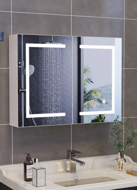 Armadio a Parete Bagno con Specchio e led, Armadietto da bagno a specchio con LED 3 colori con interruttore tattile Mobile Bagno con Specchio e Led funzione di memoria Specchio Bagno Contenitore con Luce LED