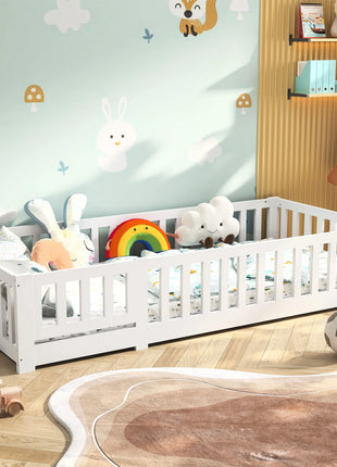 Letto per bambini 90X200 cm: letto singolo multifunzionale con binari di sicurezza, realizzato in legno massello di pino, bianco