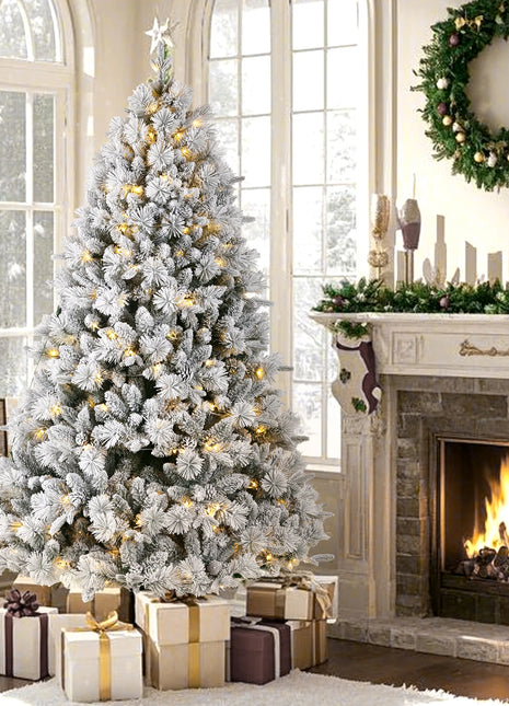 Albero di Natale artificiale con neve bianca da 235 cm con PVC + PE 450 LED, 1490 punte, supporto in metallo, pieghevole facile montaggio, decorazione per feste - riparo82