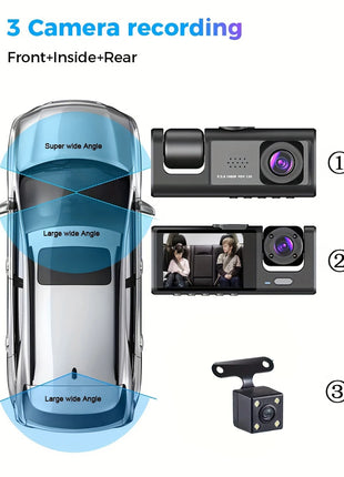 3 Channel Dash Cam Front and Rear Inside 1080P 3 Way Triple Car Camera with IR Night Vision Loop Recording - Riparo82