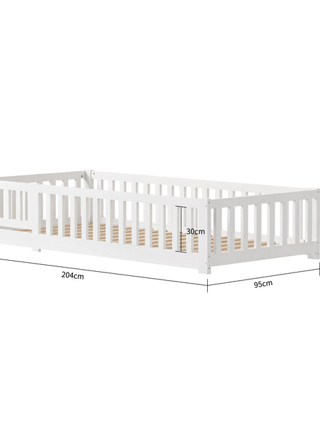 Letto per bambini 90X200 cm: letto singolo multifunzionale con binari di sicurezza, realizzato in legno massello di pino, bianco