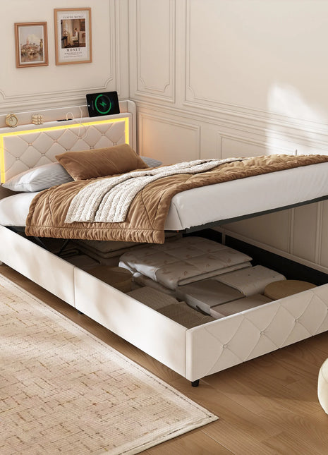 Comanlai Letto per bambini a LED 90x200 cm, letto singolo, letto contenitore idraulico, struttura letto imbottita con vani portaoggetti, letto per ragazzi