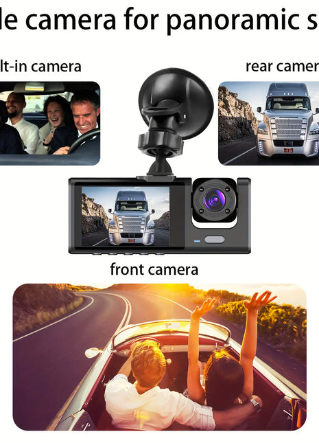 3 Channel Dash Cam Front and Rear Inside 1080P 3 Way Triple Car Camera with IR Night Vision Loop Recording - Riparo82