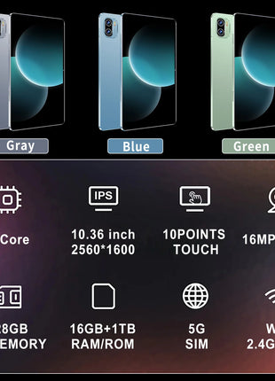 2025 5G Tablet Android 13.0 Brand New 10.36 inch 16GB RAM 1TB ROM Tablet 16MP 32MP 12000mAh 10Core WIFI Bluetooth Network Tablet