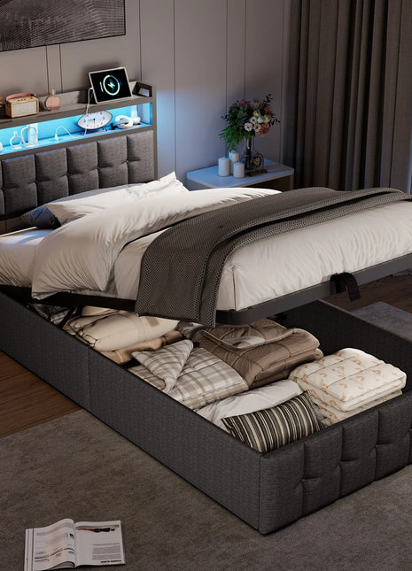 Comanlai Letto per bambini a LED 90x200 cm, letto singolo, letto contenitore idraulico, struttura letto imbottita con vani portaoggetti, letto per ragazzi