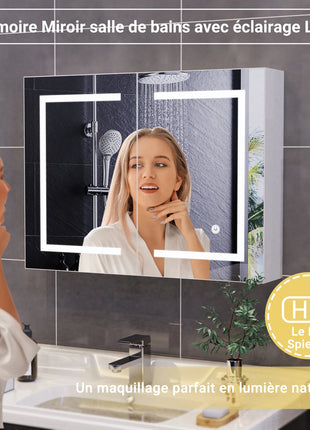 Armadio a Parete Bagno con Specchio e led, Armadietto da bagno a specchio con LED 3 colori con interruttore tattile Mobile Bagno con Specchio e Led funzione di memoria Specchio Bagno Contenitore con Luce LED