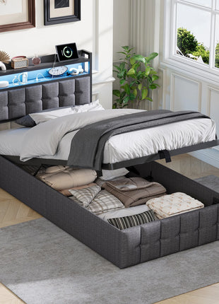 Comanlai Letto per bambini a LED 90x200 cm, letto singolo, letto contenitore idraulico, struttura letto imbottita con vani portaoggetti, letto per ragazzi