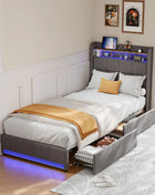 Comanlai Letto singolo a LED 90x200 cm, letto per bambini con 2 cassetti, struttura letto imbottita con vani portaoggetti nella testiera