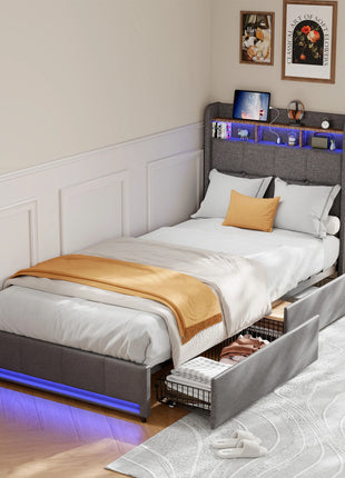 Comanlai Letto singolo a LED 90x200 cm, letto per bambini con 2 cassetti, struttura letto imbottita con vani portaoggetti nella testiera