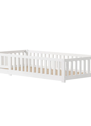 Letto per bambini 90X200 cm: letto singolo multifunzionale con binari di sicurezza, realizzato in legno massello di pino, bianco