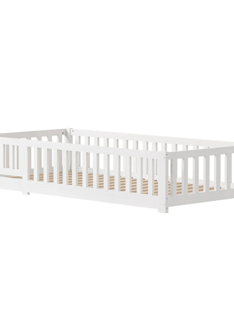 Letto per bambini 90X200 cm: letto singolo multifunzionale con binari di sicurezza, realizzato in legno massello di pino, bianco