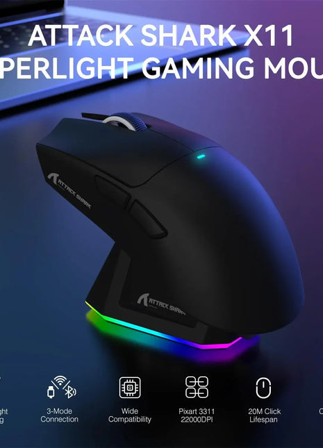 ATTACK SHARK X11 Lightweight Three-mode Wireless Gaming Mouse with RGB Charging Dock Optical Sensor PAW3311 22K DPI  PC/Mac - Riparo82
