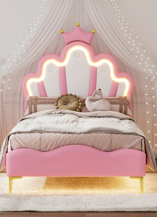 Comanlai Letto per bambini 90x200 cm con luce LED e testiera a forma di corona, letto imbottito con rete a doghe, pelle PU, bianco