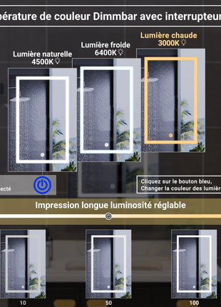 Armadio a Parete Bagno con Specchio e led, Armadietto da bagno a specchio con LED 3 colori con interruttore tattile Mobile Bagno con Specchio e Led funzione di memoria Specchio Bagno Contenitore con Luce LED