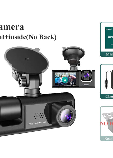 3 Channel Dash Cam Front and Rear Inside 1080P 3 Way Triple Car Camera with IR Night Vision Loop Recording - Riparo82