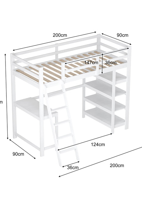 Letto a castello Aura in legno con scrivania e ripiano 140x200 cm Letto a castello singolo in legno massello Letto a castello per bambini