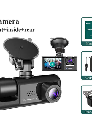 3 Channel Dash Cam Front and Rear Inside 1080P 3 Way Triple Car Camera with IR Night Vision Loop Recording - Riparo82