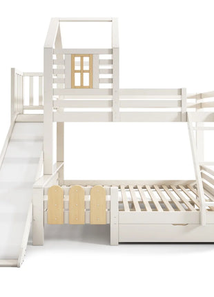Letto a castello 90x200 e 140x200 cm, letto a soppalco con cassetto, scivolo e scaletta, letto per bambini con rete a doghe, stile casetta