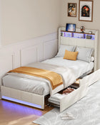 Comanlai Letto singolo a LED 90x200 cm, letto per bambini con 2 cassetti, struttura letto imbottita con vani portaoggetti nella testiera