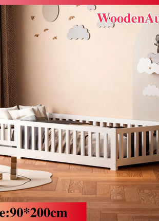 Letto per bambini 90X200 cm: letto singolo multifunzionale con binari di sicurezza, realizzato in legno massello di pino, bianco