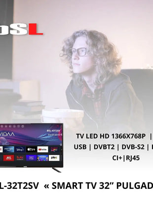 Bsl-32t2sv vidaa smart tv 32 inch wifi rj45 hd1366x720p usb dvbt2/s2/c in hd hevc youtube netflix disney + dazn prime 3 hdmi and 2 usb multimedia remote keycaps direct access to major platforms. - Riparo82