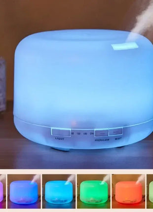 Essential oil diffuser emitting mist beside potted plant