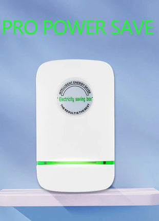 Green electricity-saving box plugged into wall socket