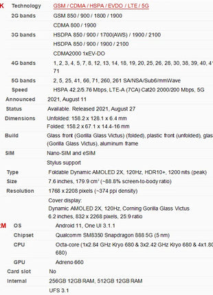 Samsung Galaxy Z Fold3 Fold 3 5G F926U1 F926N F926B 7.6" Pieghevole AMOLED 12GB di RAM 256/512GB ROM NFC Snapdragon 99% Telefono cellulare - riparo82