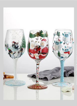 Bicchiere da vino con stampa natalizia Decorazioni natalizie Calice da vino rosso Disegno creativo a mano dipinto Home Party Festival Tazze Bar Set da vino - riparo82