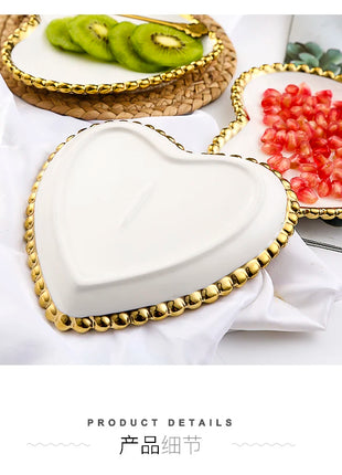 Nuovo piatto in ceramica con bordo dorato nordico, piatto in ceramica, leggero, di lusso, per riporre gioielli, piatto per torta, piatto per colazione a casa, a forma di cuore - riparo82