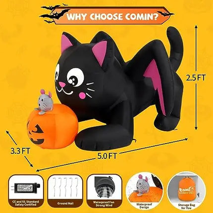 COMIN 5ft Halloween Inflatables Cat Indoor-Outdoor Party & Garden Lawn Decor with Built-in LEDs Pumpkin Blow Yard Decorations