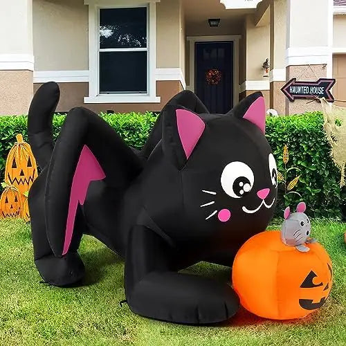COMIN 5ft Halloween Inflatables Cat Indoor-Outdoor Party & Garden Lawn Decor with Built-in LEDs Pumpkin Blow Yard Decorations