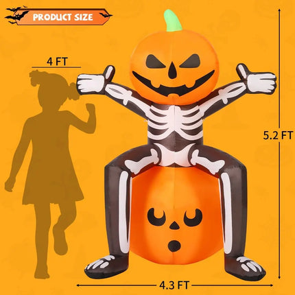 COMIN 5FT Halloween Inflatable Skull Skeleton Pumpkin Head Built-in LEDs for Indoor Outdoor Yard Lawn Decorations for Parties