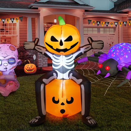 COMIN 5FT Halloween Inflatable Skull Skeleton Pumpkin Head Built-in LEDs for Indoor Outdoor Yard Lawn Decorations for Parties