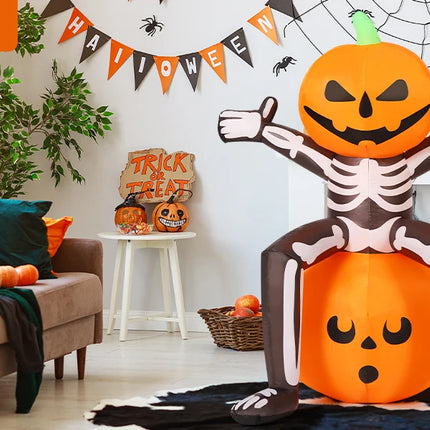 COMIN 5FT Halloween Inflatable Skull Skeleton Pumpkin Head Built-in LEDs for Indoor Outdoor Yard Lawn Decorations for Parties