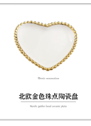 Nuovo piatto in ceramica con bordo dorato nordico, piatto in ceramica, leggero, di lusso, per riporre gioielli, piatto per torta, piatto per colazione a casa, a forma di cuore - riparo82