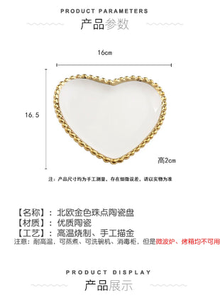 Nuovo piatto in ceramica con bordo dorato nordico, piatto in ceramica, leggero, di lusso, per riporre gioielli, piatto per torta, piatto per colazione a casa, a forma di cuore - riparo82