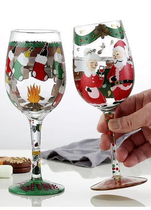 Bicchiere da vino con stampa natalizia Decorazioni natalizie Calice da vino rosso Disegno creativo a mano dipinto Home Party Festival Tazze Bar Set da vino - riparo82
