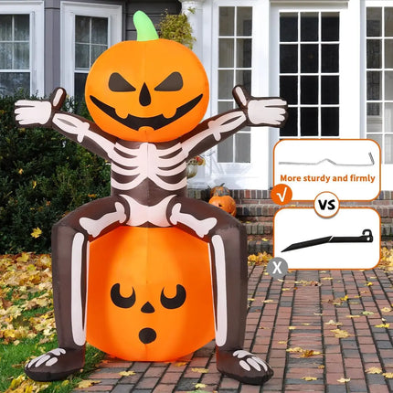 COMIN 5FT Halloween Inflatable Skull Skeleton Pumpkin Head Built-in LEDs for Indoor Outdoor Yard Lawn Decorations for Parties
