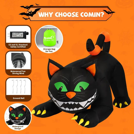 COMIN 6 FT Halloween Outdoor & Indoor Party Decorations Large Black Cat with Moving Head & Built-in LEDs Yard Garden Lawn Decor