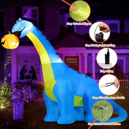 COMIN Halloween Inflatables 10 FT Tall Dinosaurs Eating Pumpkin LED Shake Head Blow Yard Party Decorations Decorations Party